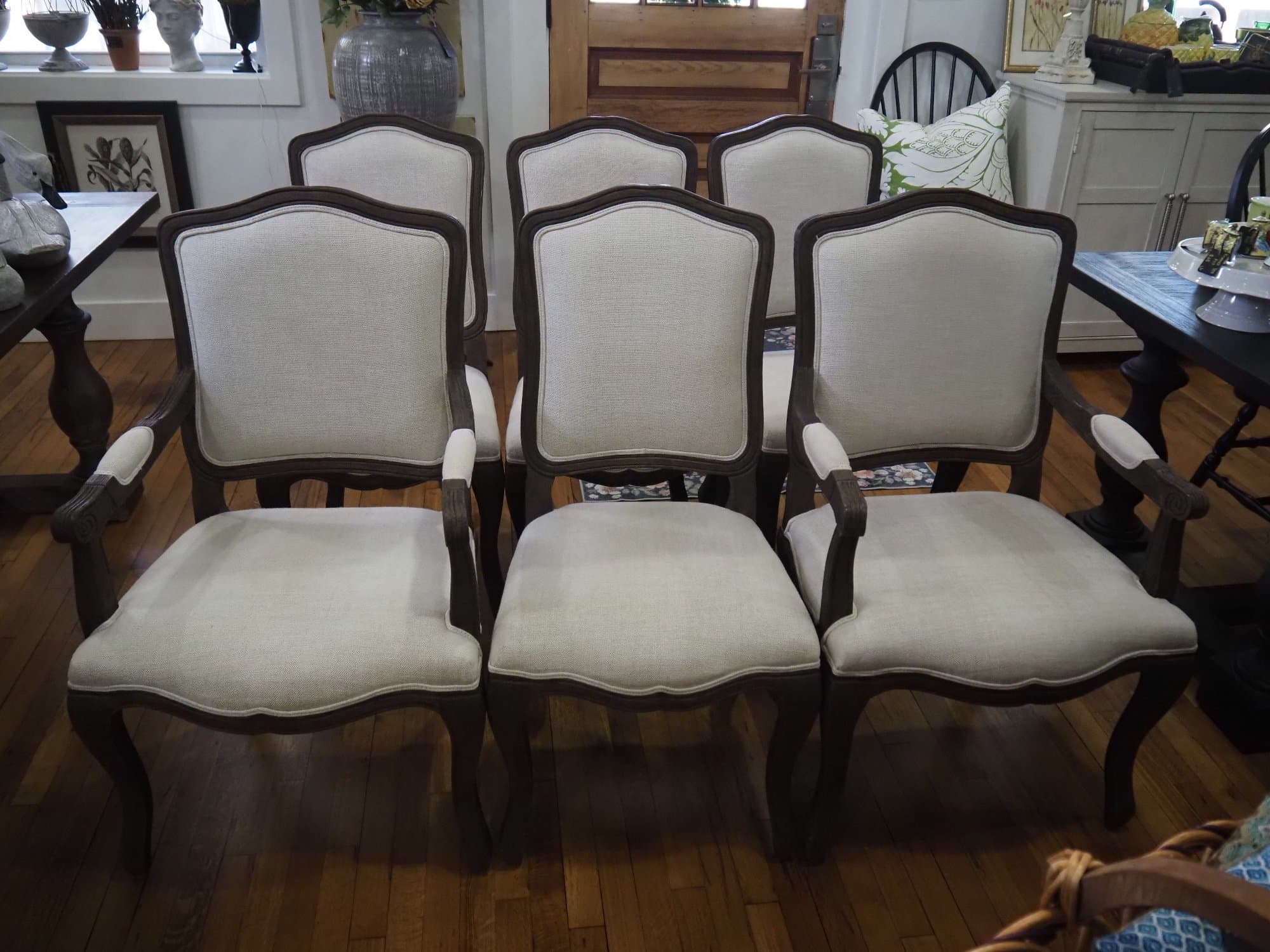 SIX RESTORATION HARDWARE VINTAGE FRENCH CAMELBACK FABRIC CHAIRS photo 1